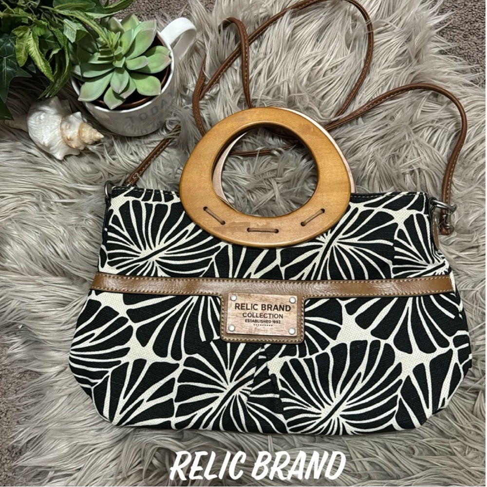 Relic Brand Cloth & Wood Bag-Brown PalmLeaf Print-Crossbody Strap-Hand/Arm Strap